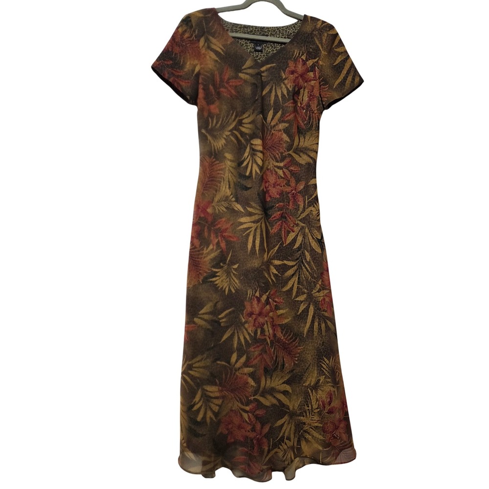 Virgo Vintage‎ Maxi Dress Brown Tropical Floral Leopard Print Chiffon Size 8